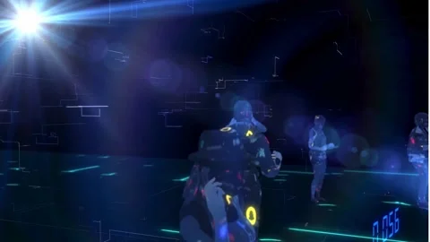 A futuristic digital scene with robots and neon lights in a dark room Stock Footage 314935072