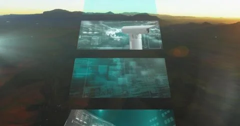 Futuristic digital screens displaying data and technology against mountain Illustrazione stock