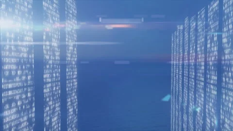 Futuristic digital seascape being rendered in 3D at dusk, with binary panels and Video stock 307437038