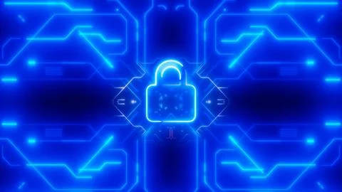 Futuristic digital security concept with glowing padlock icon animated on a.. Stockillustratie