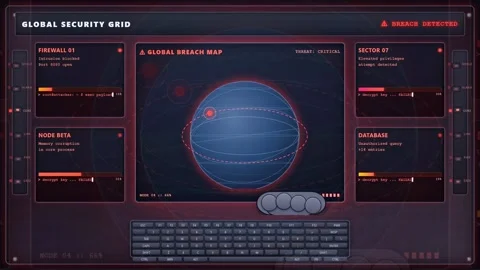 Futuristic Digital Security Interface with Global Breach Map and Data Analysis Stock Footage 343162439