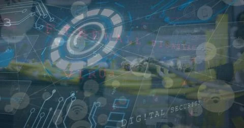 Futuristic digital security interface overlaying spaghetti dish on table in Stock Photos