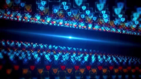 Futuristic Digital Security Perspective Blue Shiny Blurry Shield Lock Particles Stock Footage 252878072