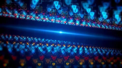 Futuristic Digital Security Perspective Blue Shiny Blurry Shield Lock Particles  Stock Illustration