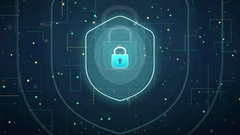 Futuristic Digital Security Shield with Glowing Lock Icon and Data Network Stock Footage 343156434