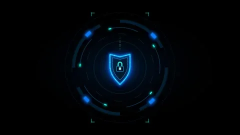 Futuristic digital shield and padlock symbol with glowing cyan and blue neo.. 動画素材 335826583