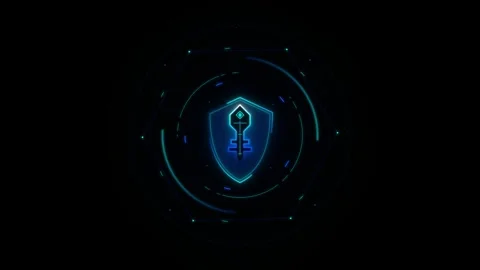 Futuristic digital shield with glowing key and hexagonal HUD on black backg.. 動画素材 335826551