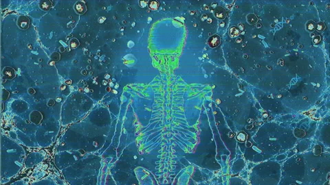 Futuristic Digital Skeleton Art Amidst Cosmic Blue Vortex Environment 库存影片 339123427