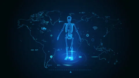Futuristic Digital Skeleton Display on World Map Background with Technology.. Stock Footage 341573613