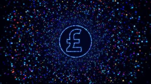 Futuristic Digital Space Shiny Blue Pound Sterling Symbol Border Glitter Sparkle Stock Illustration