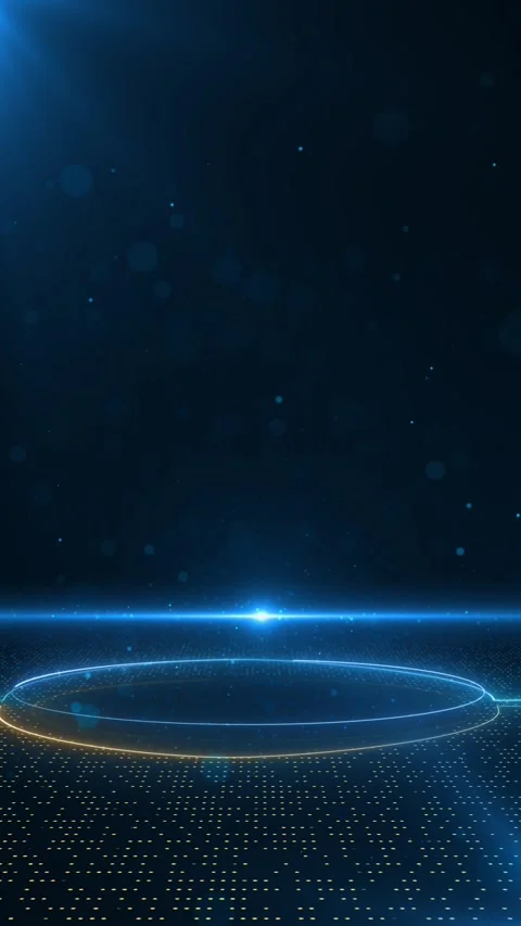 Futuristic digital stage platform background blue gold glowing rings, dotted flo Stock Footage 340574063