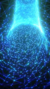 Futuristic digital structure made of glowing blue interconnected nodes and li Stockfoto's