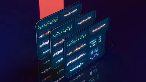Futuristic digital tablets glowing with data charts under dramatic red light Stock Illustration