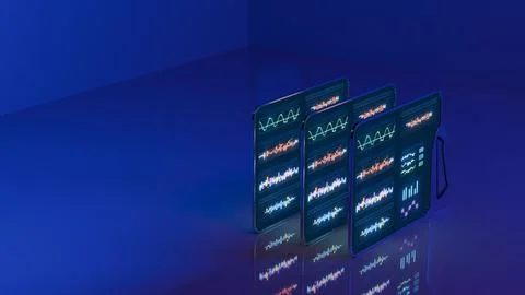 Futuristic digital tablets with glowing interfaces in blue abstract room Illustrazione stock