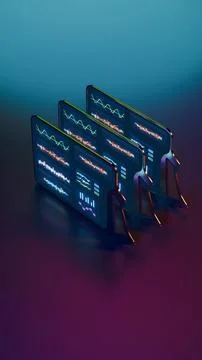 Futuristic digital tablets in vertical arrangement glowing with charts Illustrazione stock