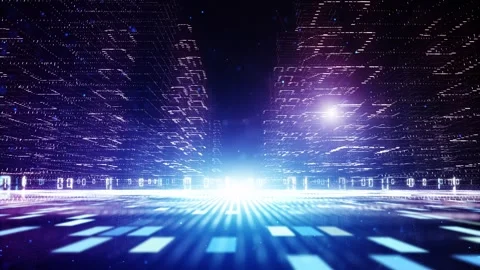 Futuristic digital tech cityscape road binary code loop animation Stock Footage 338304938