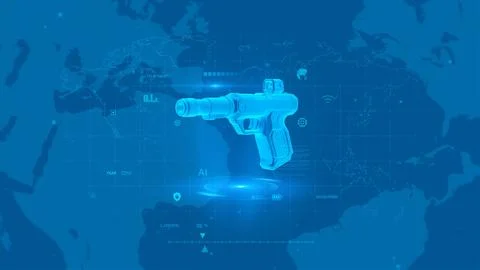 Futuristic Digital Tech Gun Hologram over World Map Background in Blue Stock Illustration