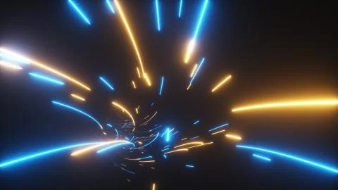 Futuristic digital technological abstract flight in a bright tunnel with Illustrazione stock