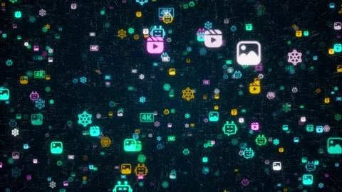 Futuristic Digital Technology Background with Floating Glowing Media Icons Vídeo Stock 346056762
