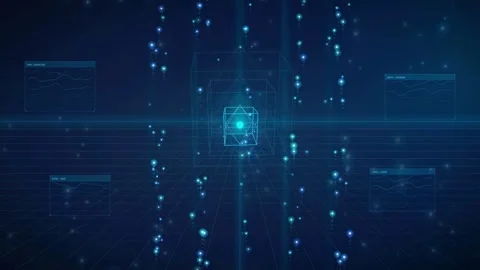 Futuristic Digital Technology Background with Rotating Holographic Cube and Stock Footage 341070015