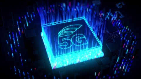 Futuristic Digital Technology Blue Shiny 5G Text Logo On CPU Chip Circuit Board Stock Footage 268927578
