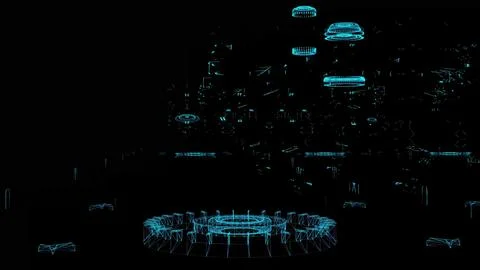Futuristic Digital Technology Blueprint with Neon Blue Holographic Designs Illustrazione stock
