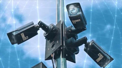 Futuristic digital technology concept. Modern video surveillance cameras outs Stock Photos