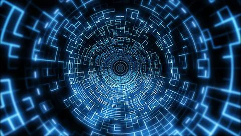 Futuristic Digital Technology Light Blue Circular Fractal Tunnel Background Illustrazione stock