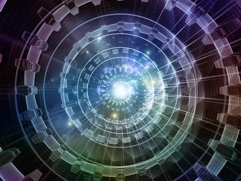 Futuristic Digital Technology Tunnel with Glowing Circular Interface Stock Illustration