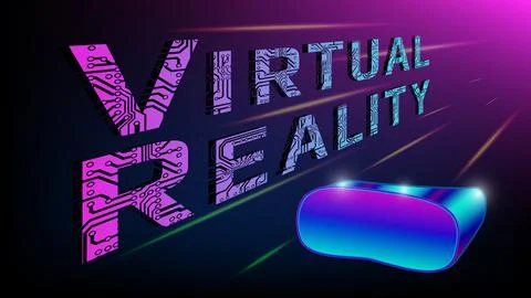 Futuristic digital text Virtual Reality with glasses in perspective on purple Stock Illustration