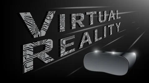 Futuristic digital text Virtual Reality with glasses in perspective on dark Stock Illustration