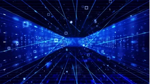 A futuristic digital tunnel with blue lights and geometric shapes 库存影片 314935050