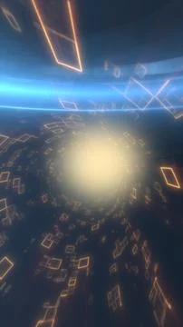 Futuristic digital tunnel with glowing core and floating geometric shapes, .. Illustrazione stock