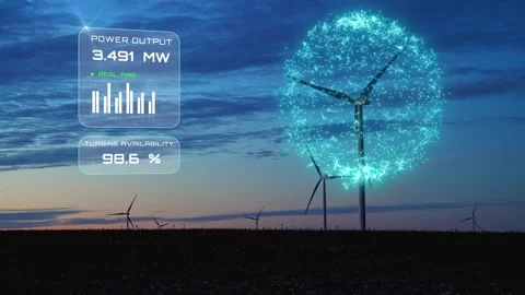 Futuristic digital twin technology graphics tracking wind turbine health Vídeos de archivo 345888923