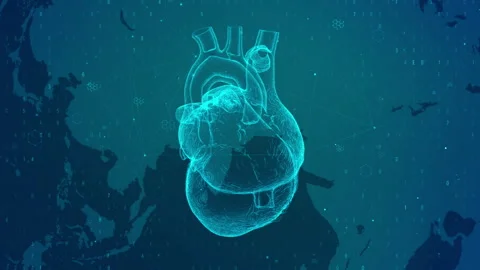Futuristic Digital Visualization of Human Heart against World Map Backdrop Vídeos de archivo 339122398