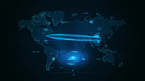 Futuristic Digital Visualization of Hypersonic Missile on World Map Interface Stockbeeldmateriaal 342292061