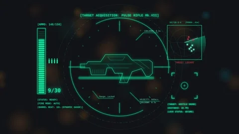 Futuristic digital weapon hud interface display with green data and target scope Stock Footage 340874932