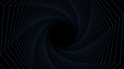 Futuristic digital wireframe tunnel with glowing blue nodes and spinning geometr Stock Footage 348932901