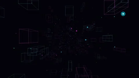 Futuristic Digital Wireframe Tunnel with Neon Cubes Stock Footage 344167126