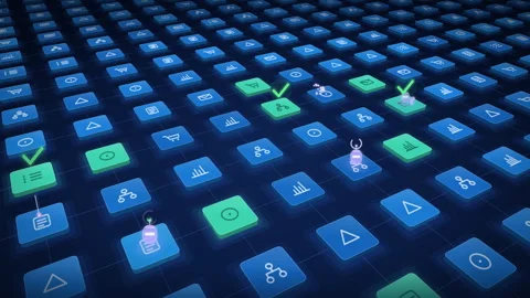 Futuristic Digital Workflow Grid with AI Robotic Arms Processing Business D.. Stock Footage 348835949
