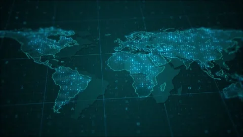 Futuristic Digital world map background cyan dotted continents, grid lines, floa Stock Footage 340456678