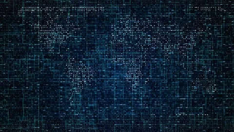 Futuristic Digital World Map with Binary Data Streams and Network Grid Video stock 310000418