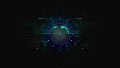 Futuristic Digital World Map Interface with Rotating Globe and Tech Elements Video stock 341917906