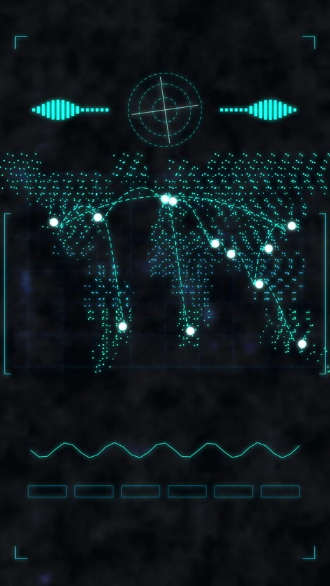 Futuristic digital world map interface with HUD elements, glowing data points, Stock Footage 346738116