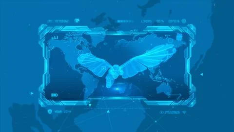 Futuristic Digital World Map with Moth Hologram Overlay Design Stock Illustration