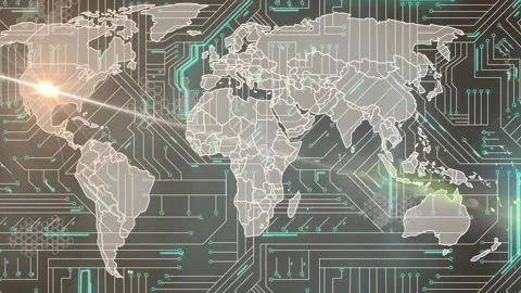 Futuristic digital world map showing sunburst flare radiating over hexagon grid Stock Footage 307461151