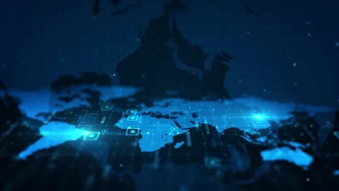 Futuristic Digital World Map Visualization with Blue Network Grid Stock Footage 339051863