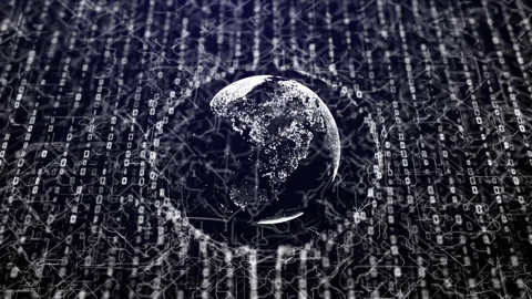 Futuristic digital world map with white glowing data flow and matrix code lines 스톡 동영상 317278102