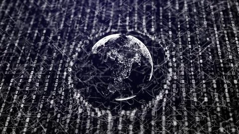 Futuristic digital world map with white glowing data flow and matrix code lines Stock Illustration