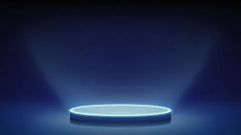 Futuristic dim stage, glowing podium. Blue room, round neon pedestal. Background Stock Illustration